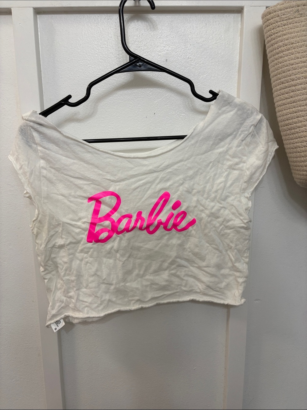 Barbie White Crop Top with Neon Pink Logo